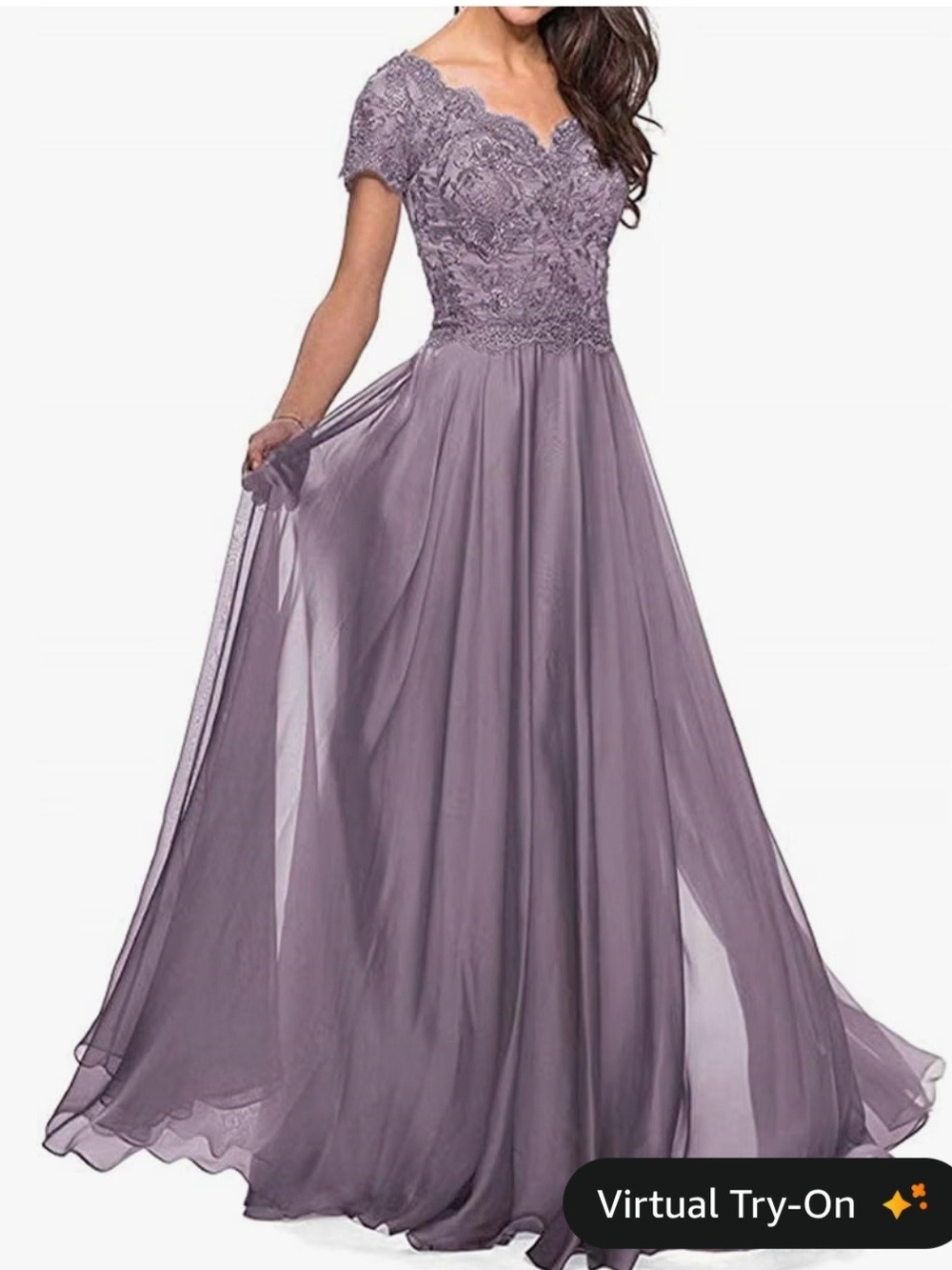 Lace Bodice Mauve Evening Dress with Short Sleeves